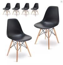 Kit 6 Cadeiras Eiffel Charles Eames Dkr Base Madeira Preta