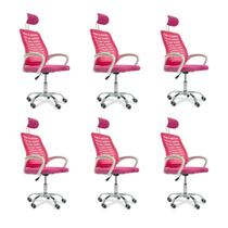 Kit 6 Cadeiras Escritório Diretor Tela Mesh Com Encosto De Cabeça Rosa com Ebook