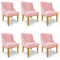 Kit 6 Cadeiras Estofadas para Sala de Jantar Base Fixa de Madeira Castanho Lia Suede Rosa bebê - Ibiza