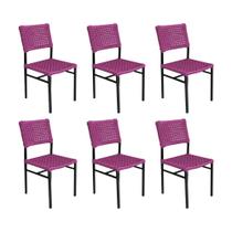 Kit 6 Cadeiras França Corda Náutica Base em Alumínio Preto/rosa