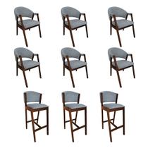 Kit 6 Cadeiras Helen Conjunto para Jantar com 3 Banquetas Ana Madeira Maciça Mel - Cinza