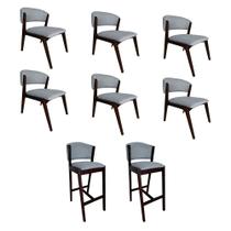 Kit 6 Cadeiras Kethellen Premium com 2 Banquetas Ana em Madeira Maciça Castanho Linho Cinza Kit 6 Cadeiras Kethellen Premium com 2 Banquetas Ana em Madeira Maciça Castanho Linho Cinza