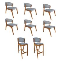 Kit 6 Cadeiras Kethellen Premium com 2 Banquetas Ana em Madeira Maciça Cerejeira Linho Cinza Kit 6 Cadeiras Kethellen Premium com 2 Banquetas Ana em Madeira Maciça Cerejeira Linho Cinza