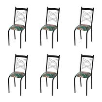 Kit 6 Cadeiras London Estofado Floral Costela de Adão para Sala de Jantar Aço Preto