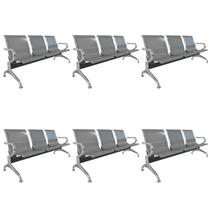 Kit 6 Cadeiras para Escritório Longarina 3 Lugares Aço Inox Dubai