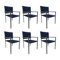 Kit 6 Cadeiras Piracicaba Corda Náutica Braço com Detalhe em Madeira Base Alumínio Preto/azul Marinh