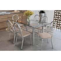 Kit 6 Cadeiras Sala Jantar Elba c/ Tampo de Vidro 150cm e 6 Cadeiras Holanda Cromada - Courano Bege - Kappesberg
