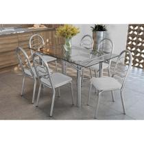 Kit 6 Cadeiras Sala Jantar Elba c/ Tampo de Vidro 150cm e 6 Cadeiras Holanda Cromada - Courano Branco - Kappesberg