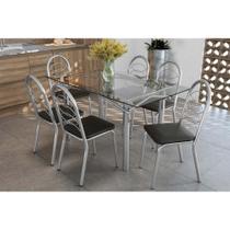 Kit 6 Cadeiras Sala Jantar Elba c/ Tampo de Vidro 150cm e 6 Cadeiras Holanda Cromada - Courano Preto - Kappesberg
