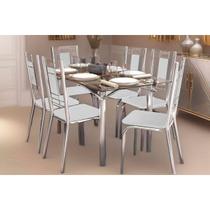 Kit 6 Cadeiras Sala Jantar Elba c/ Tampo de Vidro 80x150cm e 6 Cadeiras Florença Cromada - Courano Branco - Kappesberg