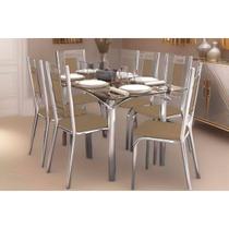 Kit 6 Cadeiras Sala Jantar Elba c/ Tampo de Vidro 80x150cm e 6 Cadeiras Florença Cromada - Courano Capuccino - Kappesberg