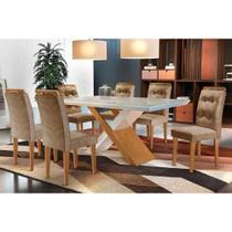 Kit 6 Cadeiras Sala Jantar Imperatriz Tampo Madeirado c/ Vidro Curvo 180x90 e 6 Cadeiras Imperatriz Imbuia/Suede Capuccino - Rufato