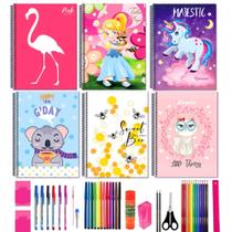 Kit 6 Caderno Estampas Diferentes Meninas Espiral 96 Folhas Capa Dura 40 Materiais