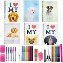 Kit 6 Cadernos Capa Dura Espiral Love Pets Acessórios Escolar