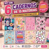 Kit 6 Cadernos Escolar Feminino 15 Matérias Capa Dura Grande A4