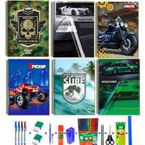 Kit 6 Cadernos Espiral Sortidas Menino 96 Folhas Capa Dura 38 Itens