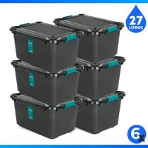 kit 6 Caixa de Armazenamento com Trava- 27L Preta ,Organizador Multiuso