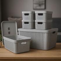 Kit 6 Caixa Organizadora com Tampa 17 L 4,5 L 2 L Cesto Grande em Plástico para Organização Kit 6 Caixa Organizadora com Tampa 17 L 4,5 L 2 L Cesto Grande em Plástico para Organização