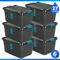 Kit 6 Caixa Organizadora Preta Com Trava 27 Litros Multiuso