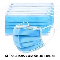 Kit 6 caixas Máscara Tripla Descartável Azul com Clip Nasal C 50 unidades