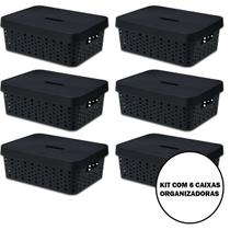Kit 6 Caixas Organizadora Multiuso Para Armazenamento e Organização com Tampa 11L Cinza / Marrom / Preto / Rose / Verde / Vermelho