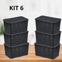 Kit 6 Caixas Organizadora Rattan com Tampa 7 Litros Preto Praticidade para Sua Organização