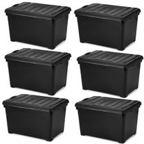 Kit 6 Caixas Organizadoras 65L Preta c/ Tampa Trava Rodinhas Reforçada