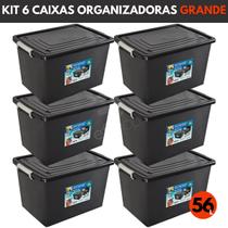 Kit 6 Caixas Organizadoras Com Tampa E Trava 56 Litros Preta Kit 6 Caixas Organizadoras Com Tampa E Trava 56 Litros Preta