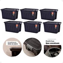 Kit 6 Caixas Organizadoras Grande 53 Litros Tampa E Rodas