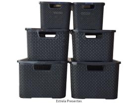 Kit 6 caixas organizadoras rattan c/ tampa preta