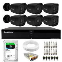 Kit 6 Câmeras Bullet Black Tudo Forte TF 2020 B Full HD 1080p Visão Noturna 20M Proteção IP66 + DVR Tudo Forte TFHDX 3308 8 Canais + HD 1TB Skyhawk