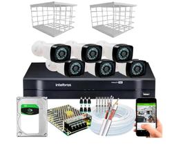 Kit 6 Câmeras + DVR Intelbras + Câmeras HD 20m Infravermelho + Fonte, Cabos e Acessórios