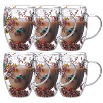 Kit 6 Caneca Florida Camada Dupla 350ml Vidro Duplo Borossilicato Kit 6 Caneca Florida Camada Dupla 350ml Vidro Duplo Borossilicato