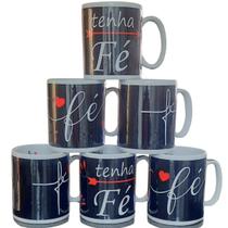 Kit 6 Canecas 300ml - FÉ - Porcelana - Decoração caneca completa - Preto