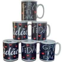 Kit 6 Canecas 300ml - GRATIDÃO - Porcelana - Decoração caneca completa - Preto