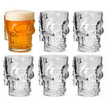 Kit 6 Canecas Caveira Vidro 370ml Com Alça Rock Chopp Cerveja Copo Resistente