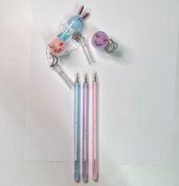 Kit 6 canetas chaveiro copinho de coelhinho com glitter criativa escola trabalho
