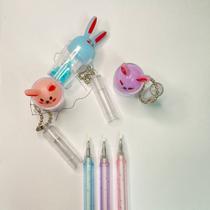 Kit 6 canetas chaveiro copinho de coelhinho com glitter criativa para escola trabalho