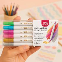 Kit 6 Canetas Pincel Metálico Dual Shine Marcador Artístico 2 Pontas Brush Pen