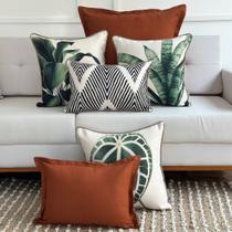 Kit 6 Capas Almofadas Linhão Crú Folhagens, Listras Ikat e Linho Terracota