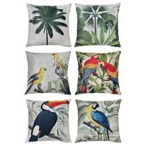 Kit 6 Capas Almofadas Linho Aves Tucano Arara Natureza 45x45