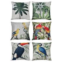 Kit 6 Capas Almofadas Linho Aves Tucano Arara Natureza 45x45 Kit 6 Capas Almofadas Linho Aves Tucano Arara Natureza 45x45
