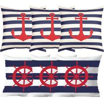 Kit 6 Capas De Almofadas Âncora e Timão Vermelho Marítima