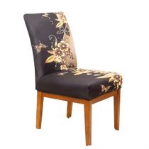 Kit 6 Capas de Cadeira Jantar Malha Elastex Luxo Flores Douradas