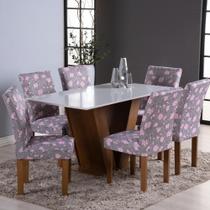 Kit 6 capas de cadeiras Cor:Cinza floral flores rosa