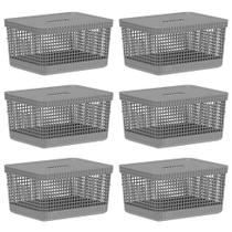 Kit 6 Cesto 8L Organizador Multiuso OU Grid Cinza com Tampa Kit 6 Cesto 8L Organizador Multiuso OU Grid Cinza com Tampa