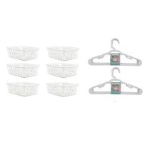 Kit 6 Cesto Organizador 16x12x6Cm Branco +10 Cabide Infantil 123Organizei