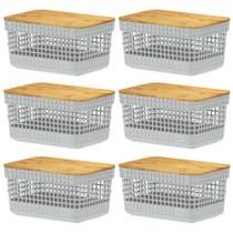 Kit 6 Cestos 2,5L Organizador OU Branco com Tampa de Bambu