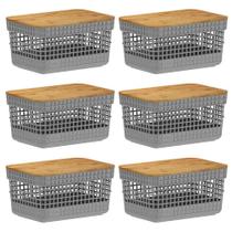 Kit 6 Cestos 2,5L Organizador Ou Cinza Com Tampa De Bambu