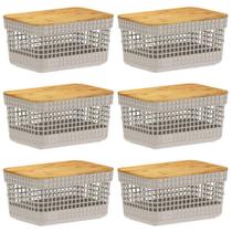 Kit 6 Cestos 2,5L Organizador OU Grid com Tampa de Bambu Kit 6 Cestos 2,5L Organizador OU Grid com Tampa de Bambu